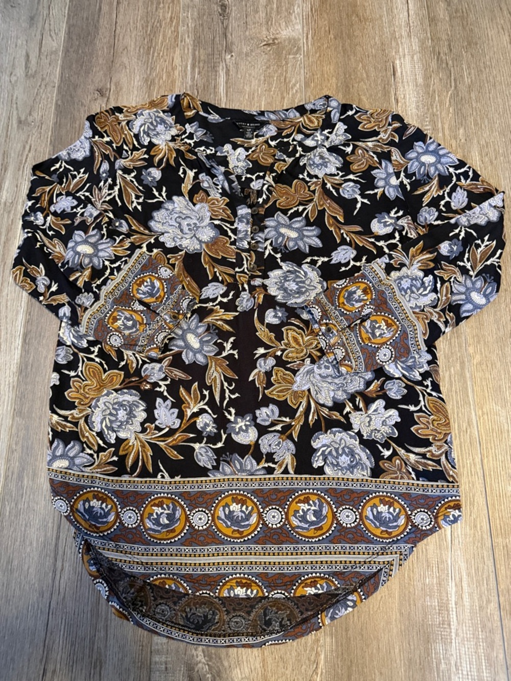 Lucky Brand Black Floral Paisley Henley Shirt with Mustard and Light Gray